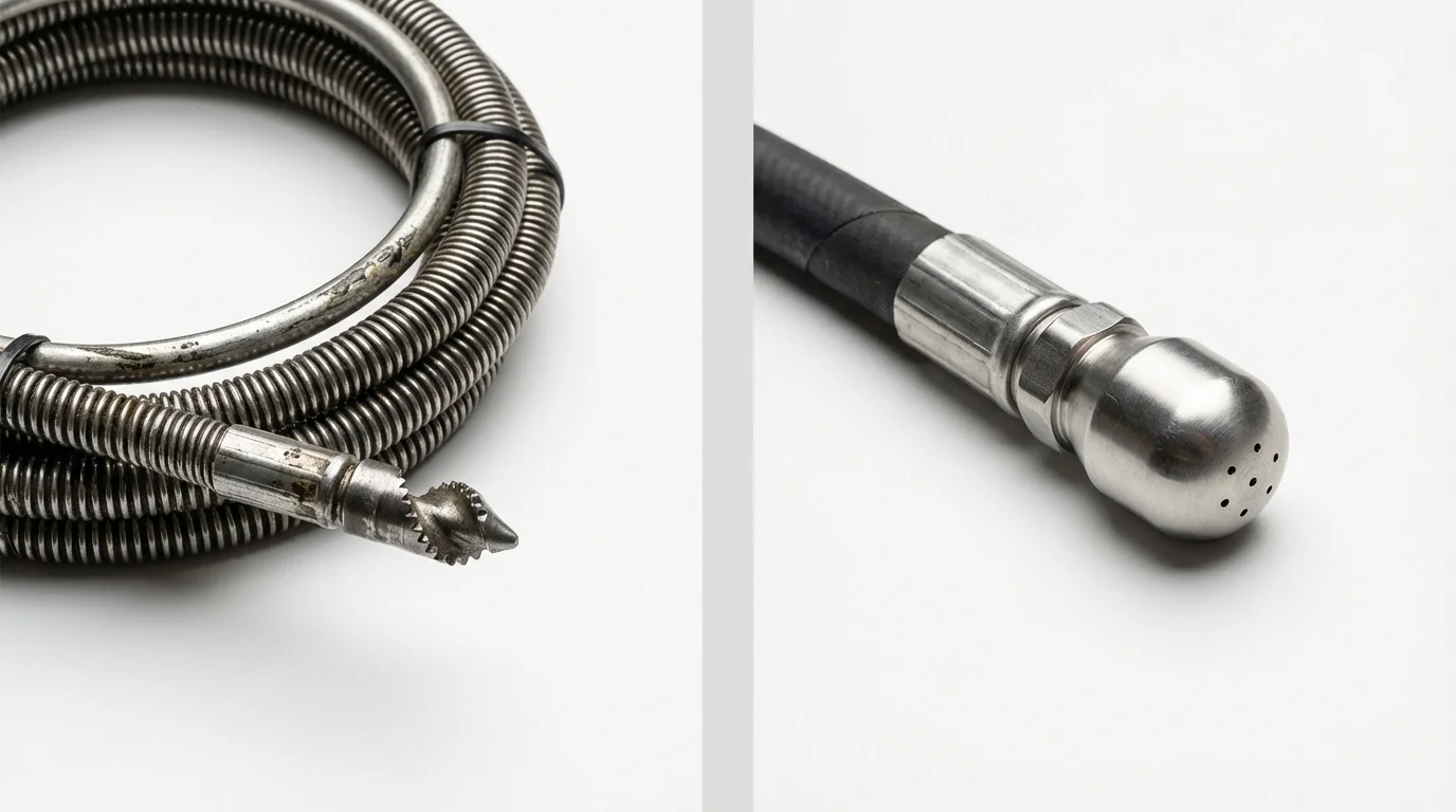 Drain snake cable and hydro jetting nozzle used for drain cleaning in Chelsea, NY