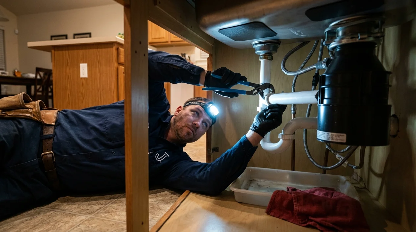 P-trap and supply line connections under a kitchen sink showing a common leak point in Chelsea, NY
